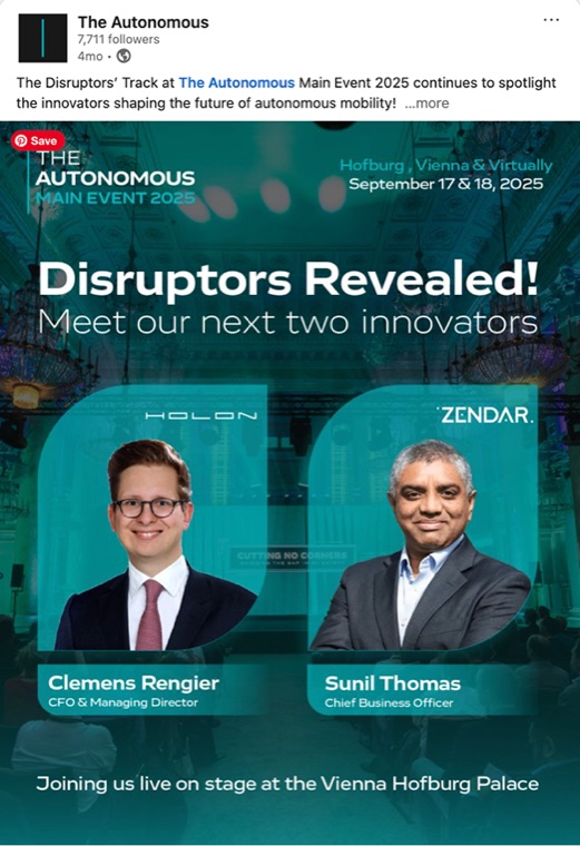 LinkedIn post, 'Disruptors Revealed! Meet our next two innovators.'