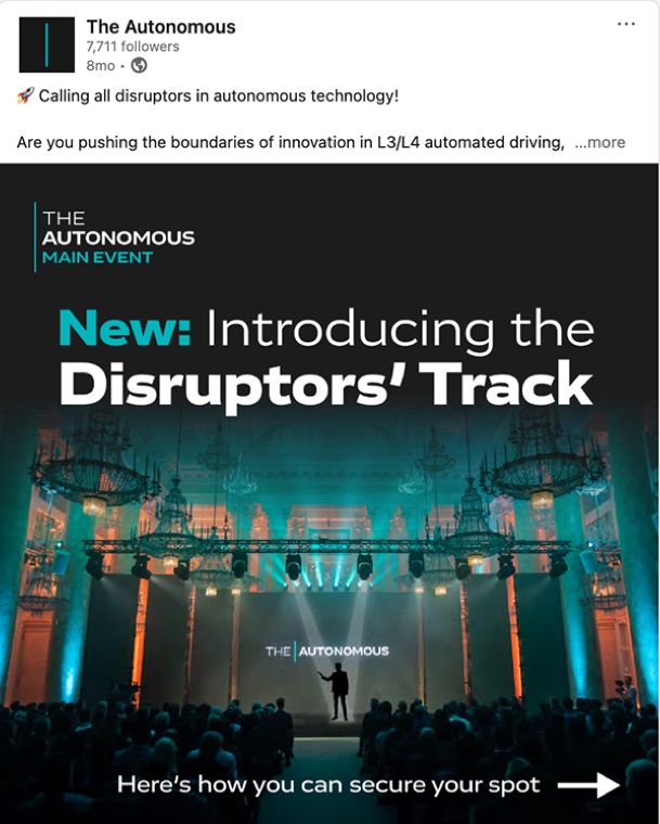 LinkedIn post, 'Introducing the Disruptors' Track.'