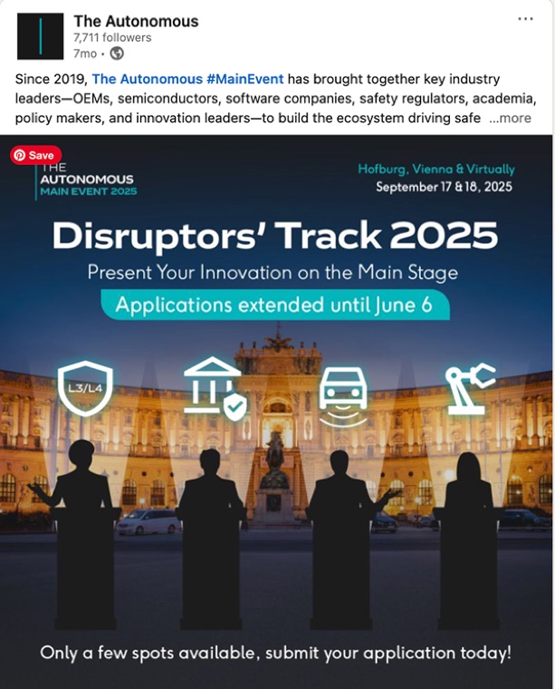 LinkedIn post, 'Disruptors' Track 2025, Present Your Innovation on the Main Stage.'