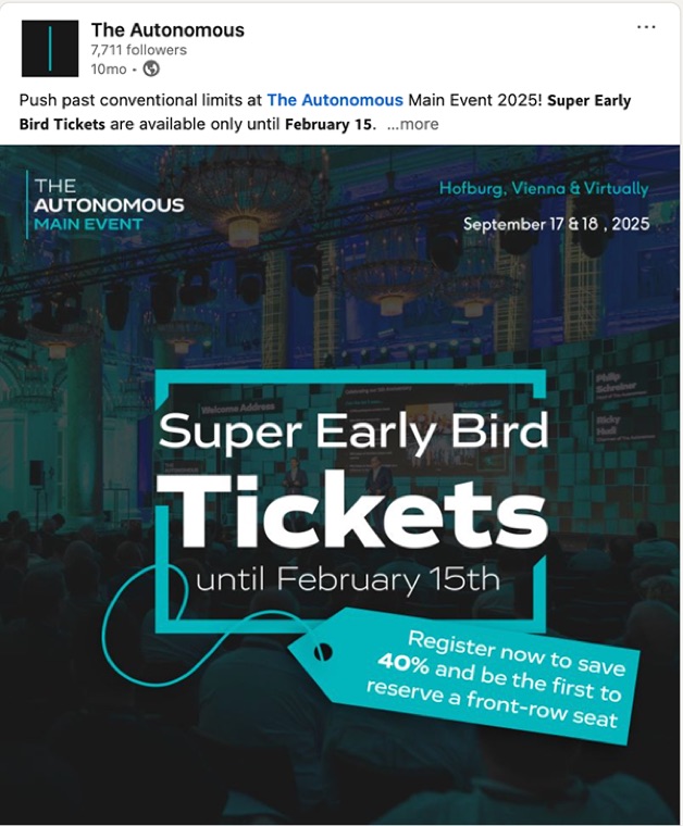 LinkedIn post, 'Super Early Bird Tickets until February 15th.'