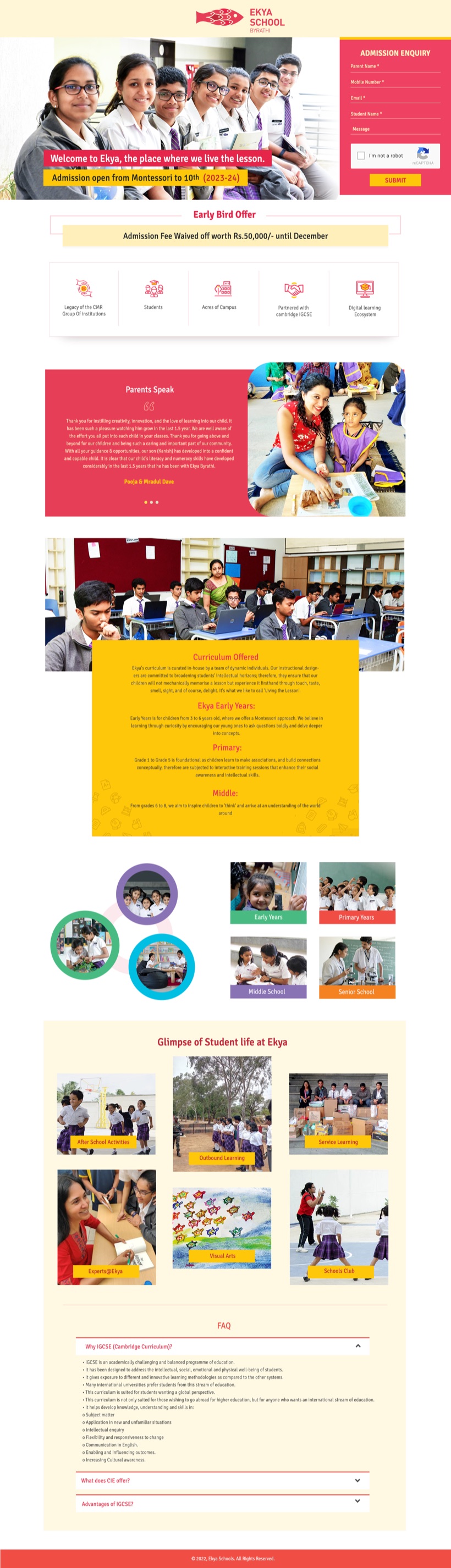 Ekya Schools website landing page for the Byrathi campus (scroll to view the full page).