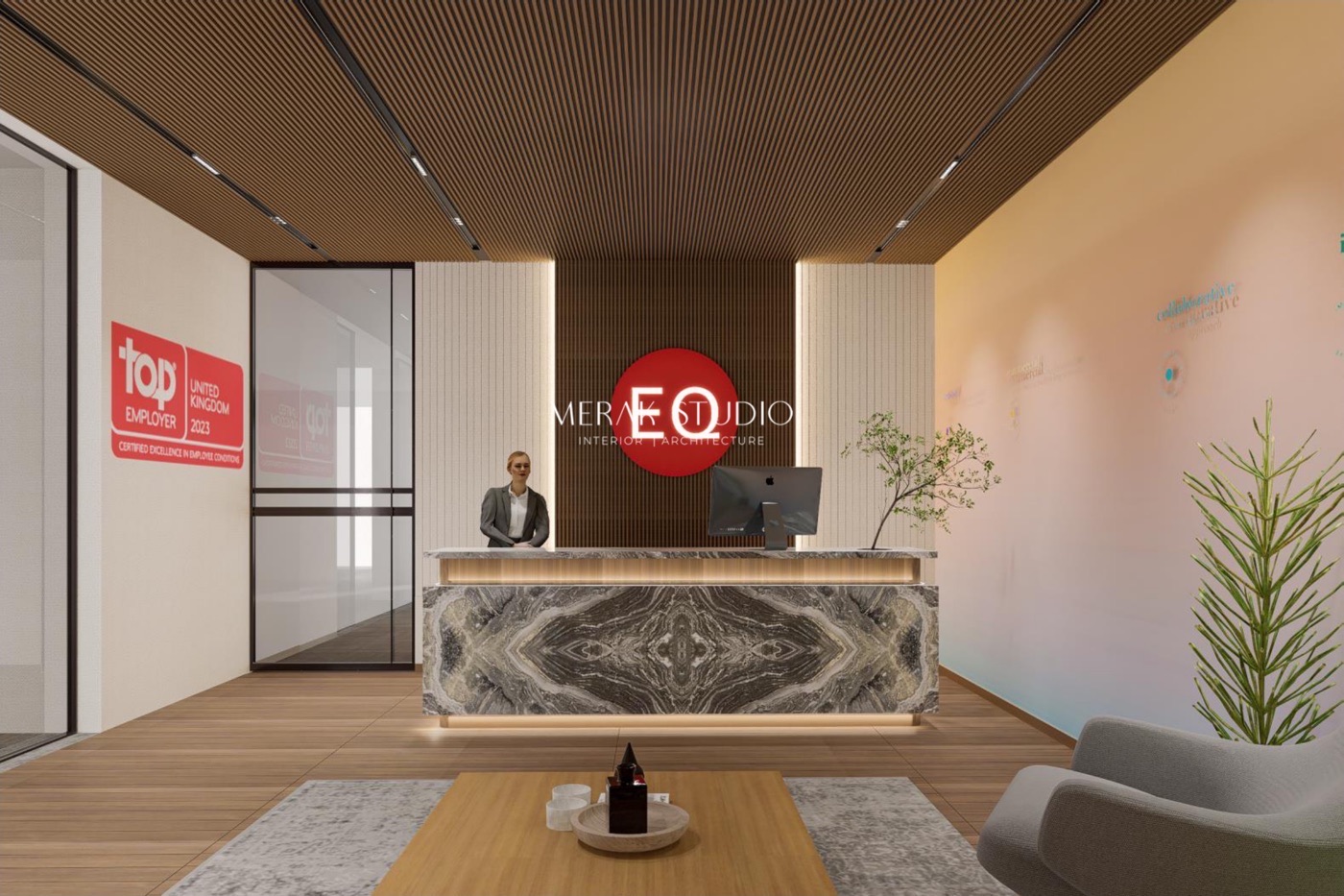 Equiniti office, reception with a marble desk under a timber ceiling
