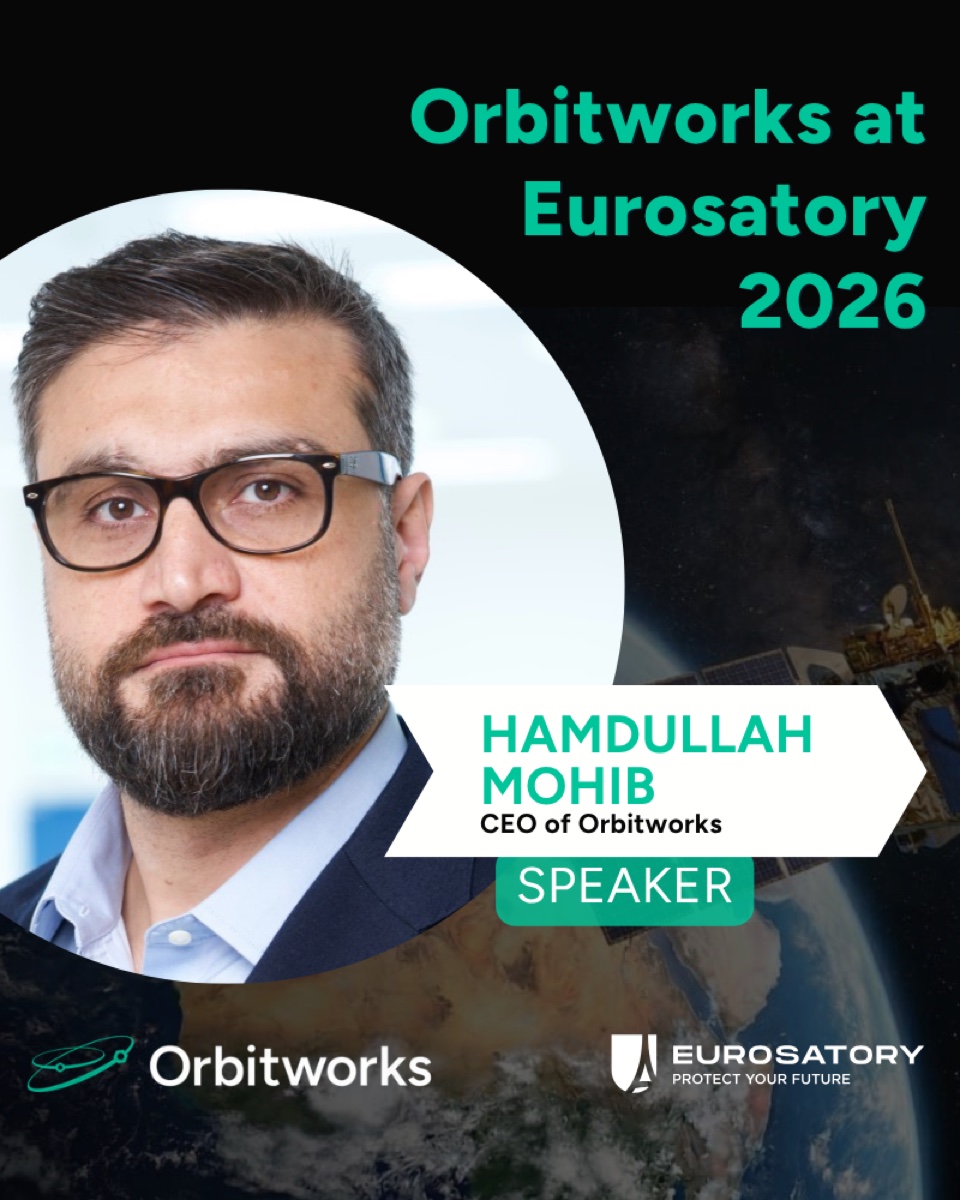 Redesigned Orbitworks speaker reveal, the CEO against a satellite-over-Earth still, name and title in a clean chevron, with the Eurosatory logo kept in frame.