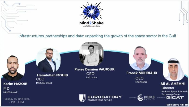 Original Eurosatory panel slide, a generic event-organiser template with five headshots, not Orbitworks branded.