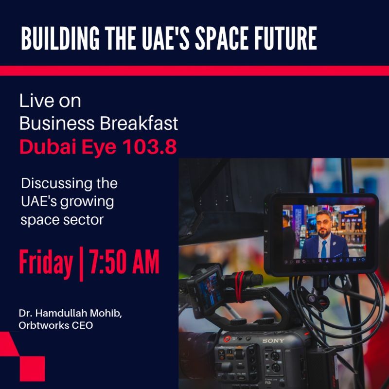 Original radio interview announcement, an off-brand red-and-navy graphic with a misspelled company name.